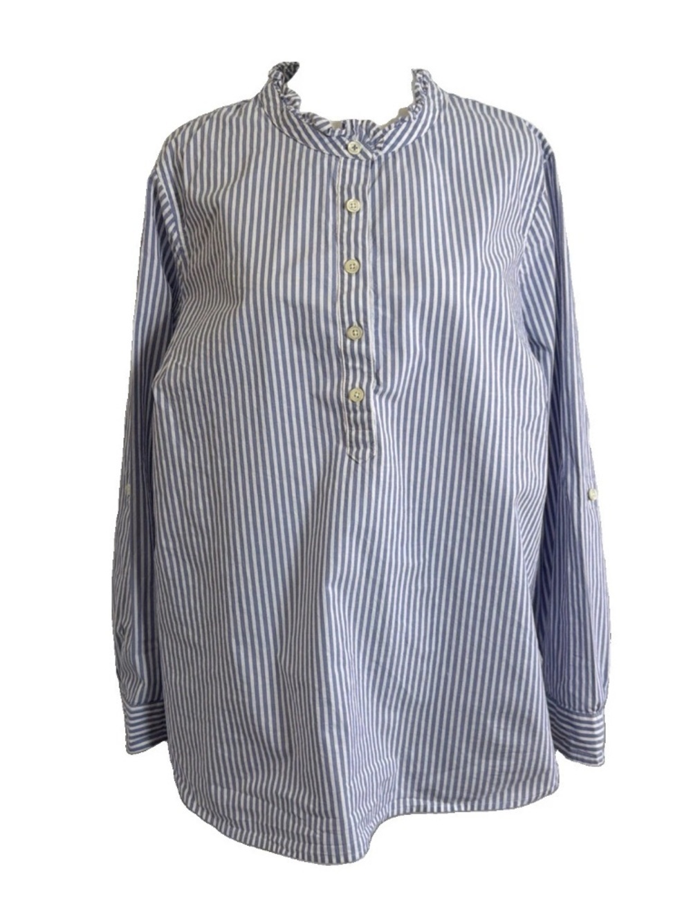 Talbots Blue White Stripe Ruffle Neck Popover Tunic Top Tab Slv SZ 2XP Coastal